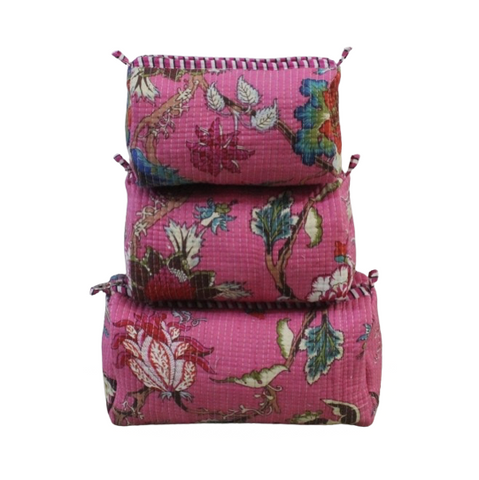 Fuchsia Floral Block Printed Quilted Makeup Bag