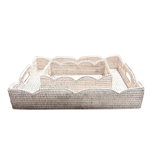 Scalloped White Washed Rattan Trays