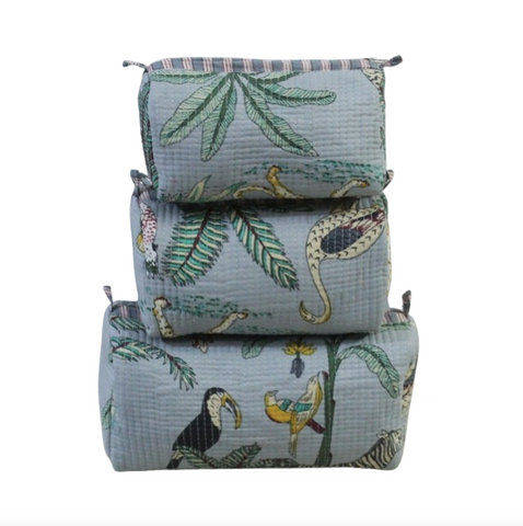 Tropical Birds Block Printed Quilted Makeup Bag