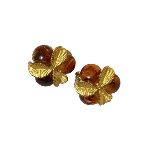 Vintage Amber & Gold Clip On Earrings