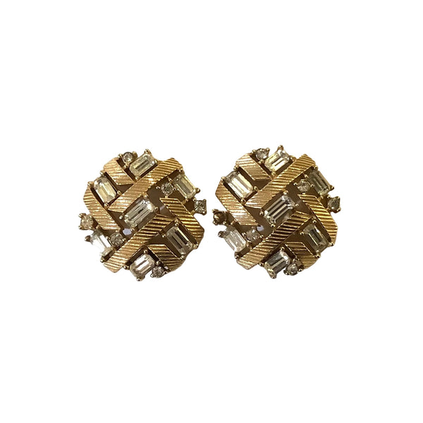 Vintage White Rhinestone & Gold Round Clip-On Earrings