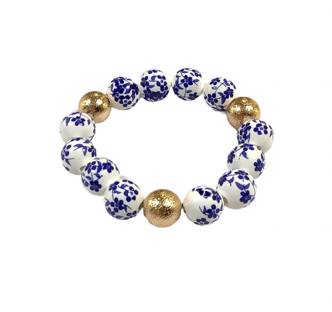 Blue, White & Gold Stretch Bracelet