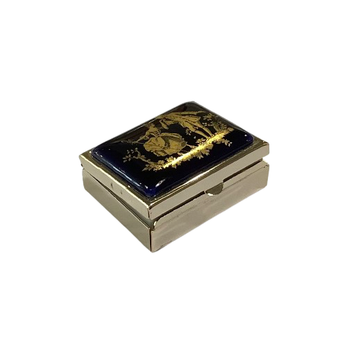 Vintage Porcelain & Metal Rectangular Pill Box