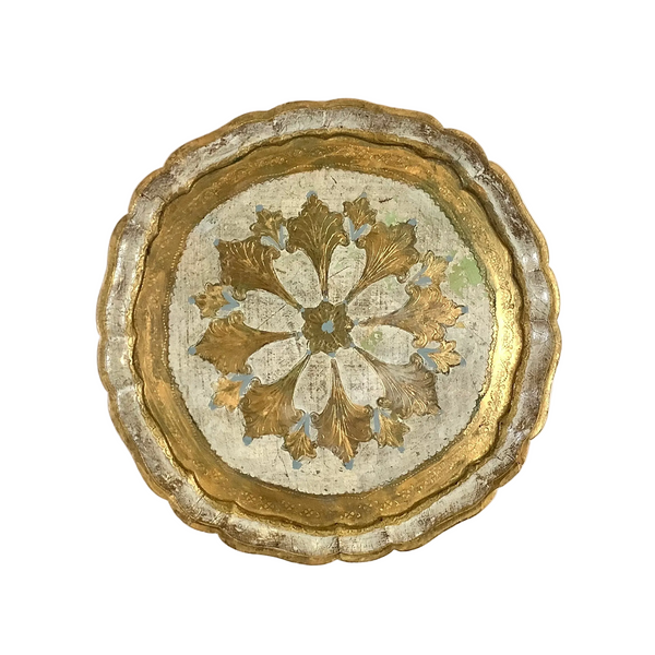 Vintage Ivory & Gold Round Florentine Tray