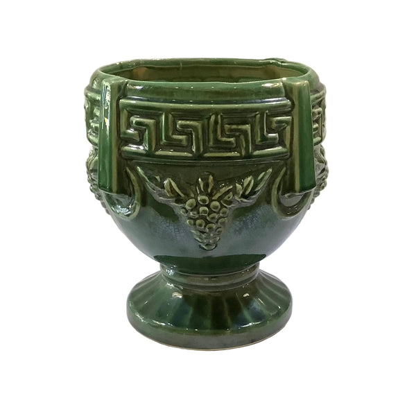 Vintage Green Majolica-Glazed Footed Ceramic Planter