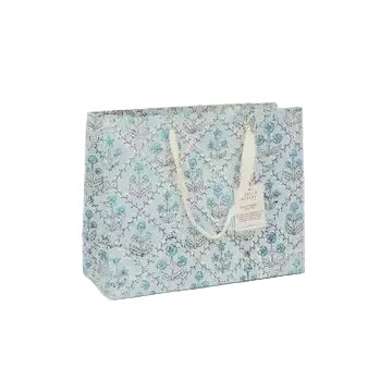 Hand Block Printed Gift Bag - Floral Lattice Blue Opal