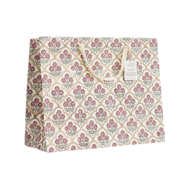 Hand Block Printed Gift Bag - Trellis Pink Earth