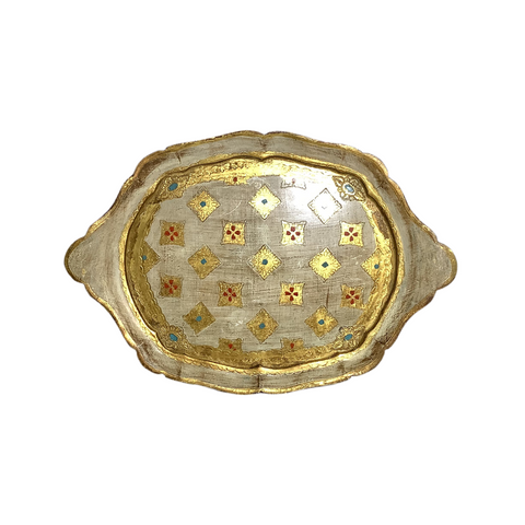 Vintage Oval Gold w/ Red & Blue Florentine  Tray
