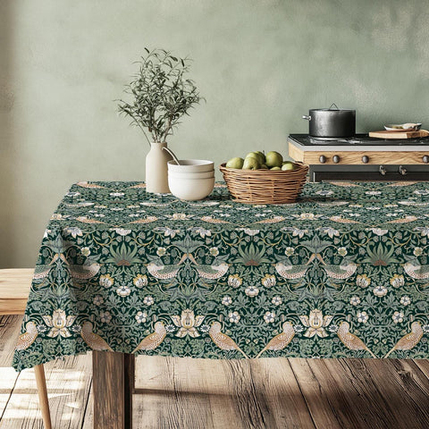 William Morris Strawberry Thief Linen Tablecloth - Green