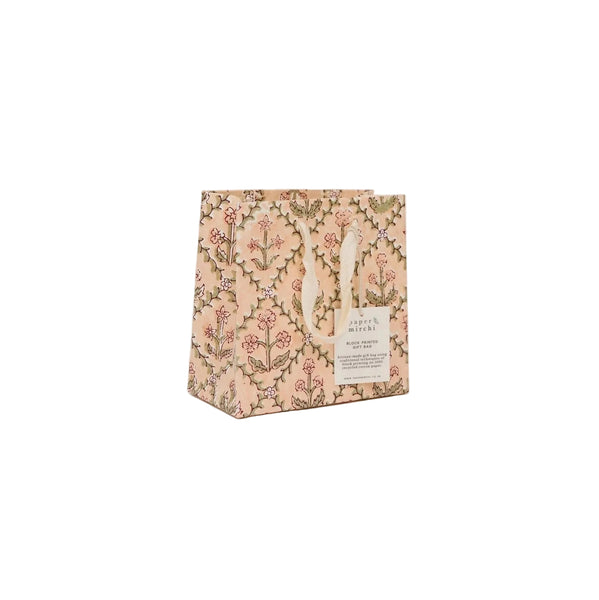 Hand Block Printed Gift Bag - Floral Lattice Terracotta