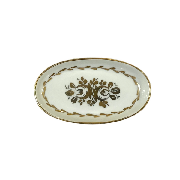 Vintage French White & Gold Rose Oval Dish