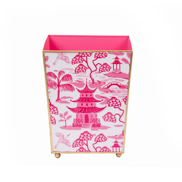 Kyoto Pagoda Enameled Square Wastebasket in White & Pink