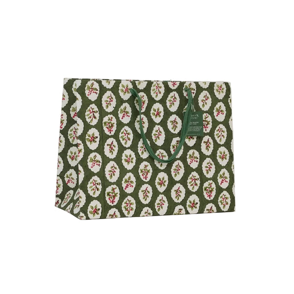 Hand Block Printed Large Gift Bag - Holly Green