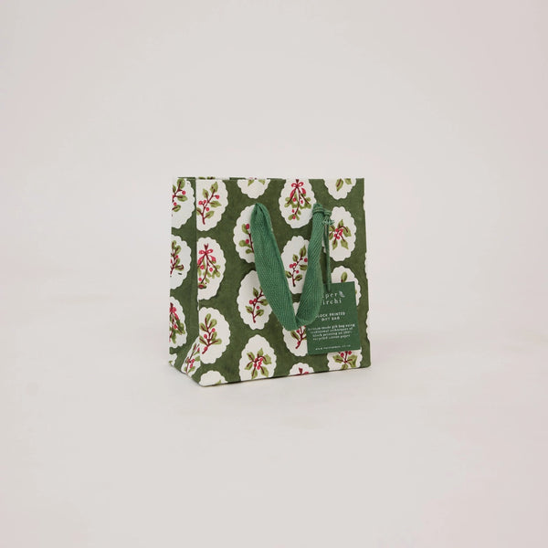Hand Block Printed Small Gift Bag - Holly Green