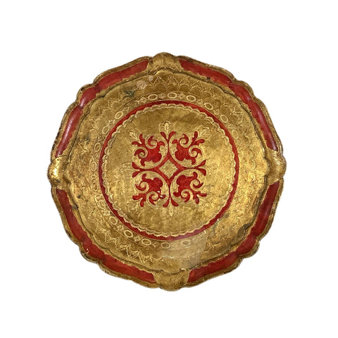 Vintage Gold & Red Round Florentine Tray