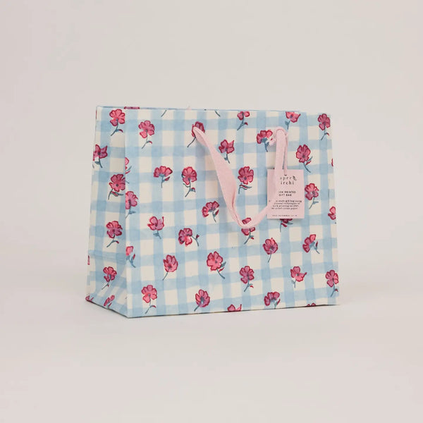 Hand Block Printed Gift Bags - Gingham Pink Sorbet