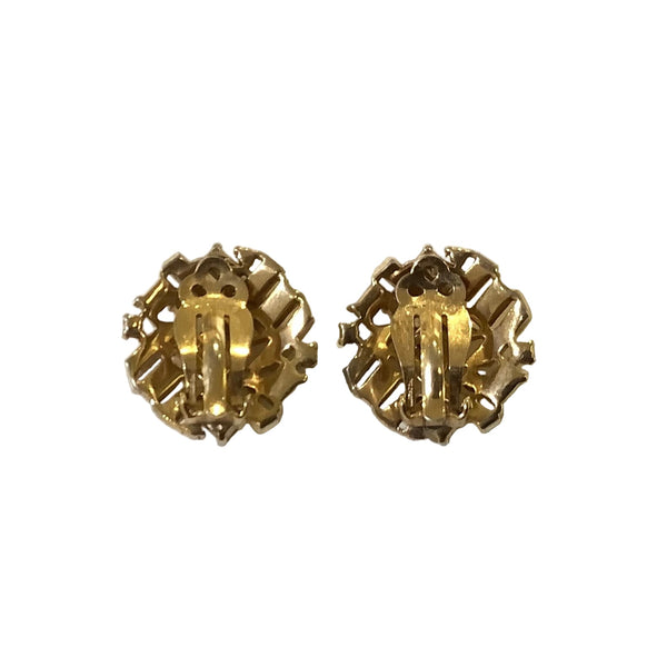 Vintage White Rhinestone & Gold Round Clip-On Earrings