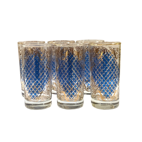 Vintage Blue & Gold Glasses S/6