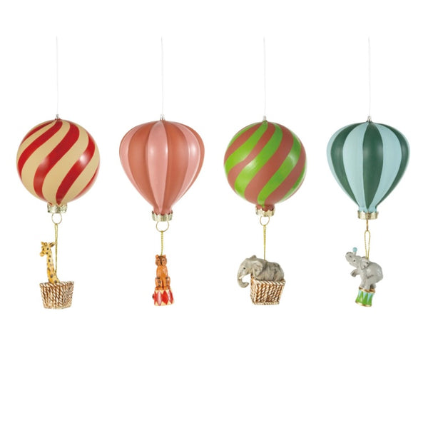Hand-Painted Glass Striped Hot Air Balloon & Animal Ornament