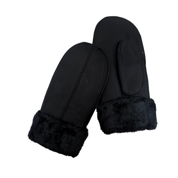 Ladies Faux Suede Mittens with Sherpa Cuff - Black