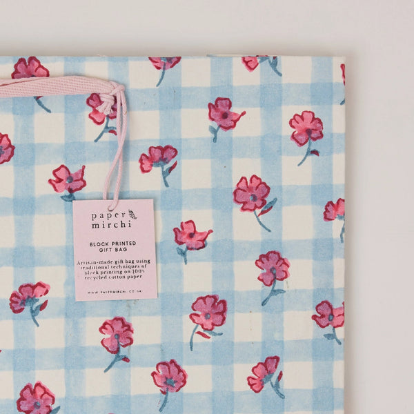 Hand Block Printed Gift Bags - Gingham Pink Sorbet
