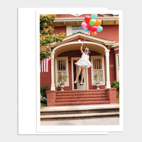 Girl Floating Balloon Happy Birthday Greeting Card