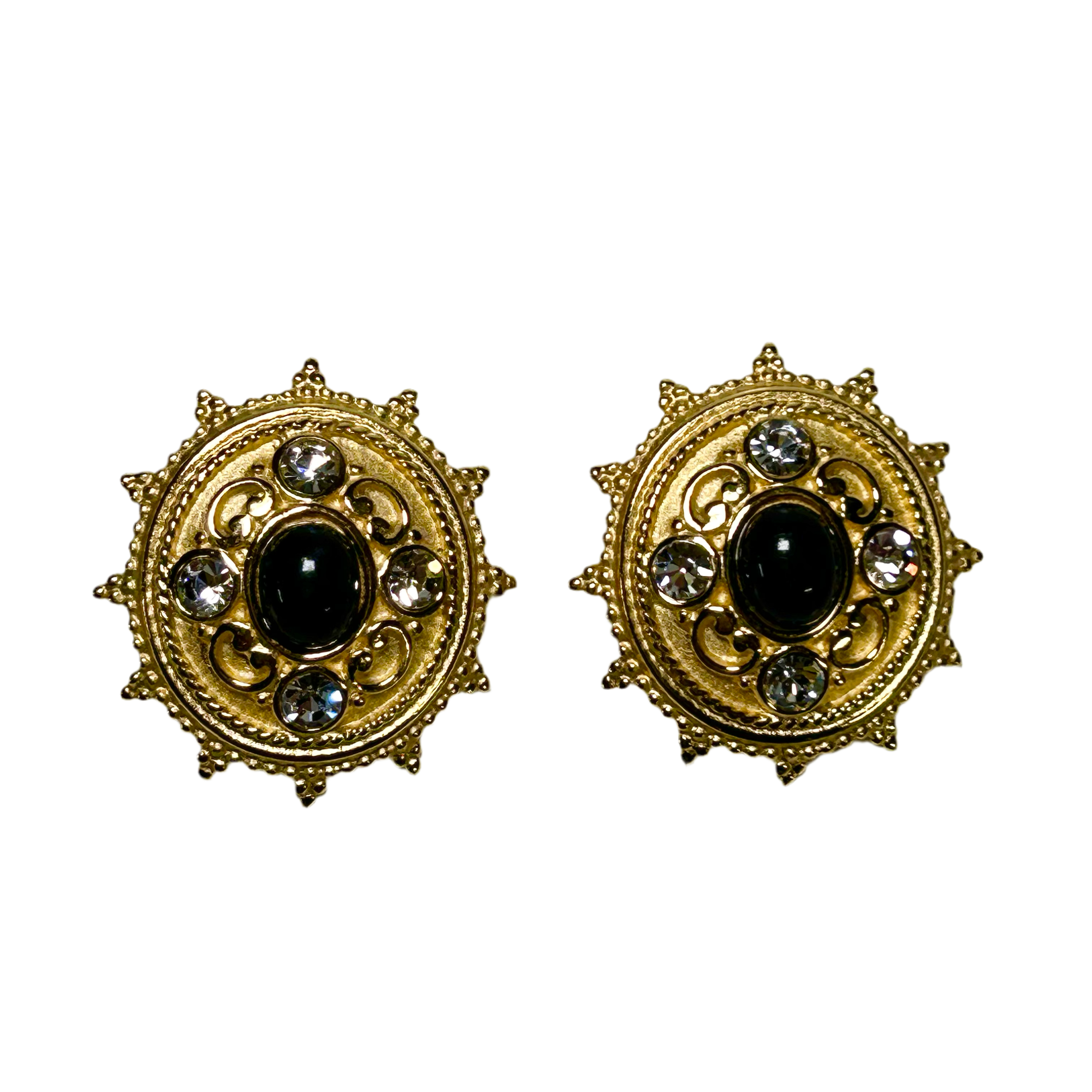 Vintage Vendome 70s Etruscan Revival Matte Gold, Black & Crystal Earrings