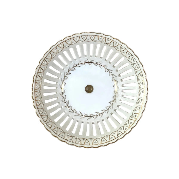 Vintage Hand-Painted White & Gold Porcelain Reticulated Pedestal Bowl