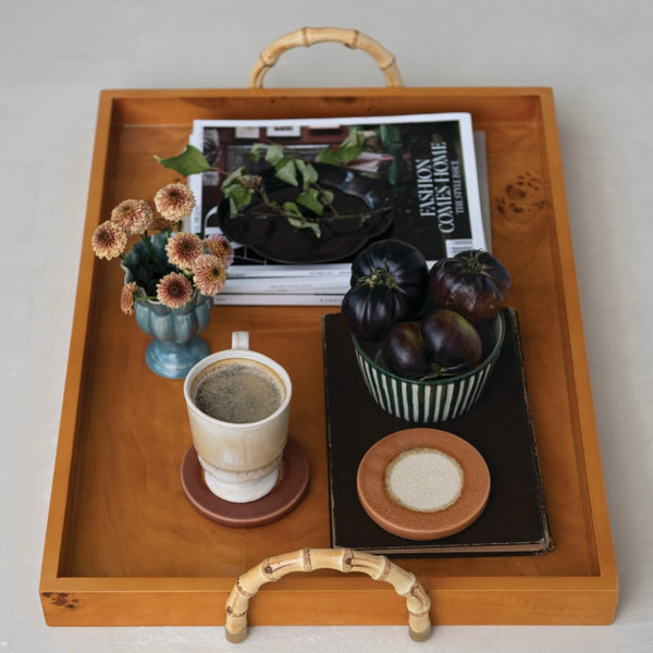 Burl Wood Veneer Tray with Bamboo Handles