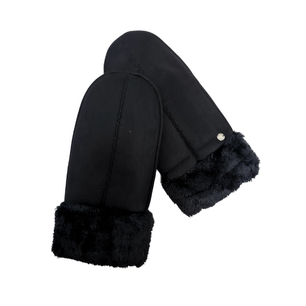 Ladies Faux Suede Mittens with Sherpa Cuff - Black