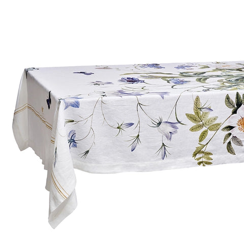 Blue Flower Garden Linen Tablecloth - Extra Length