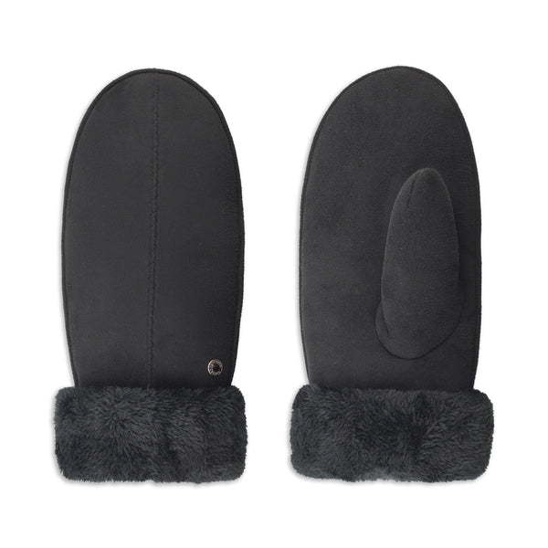 Ladies Faux Suede Mittens with Sherpa Cuff - Black