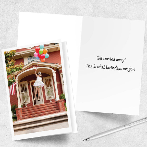 Girl Floating Balloon Happy Birthday Greeting Card