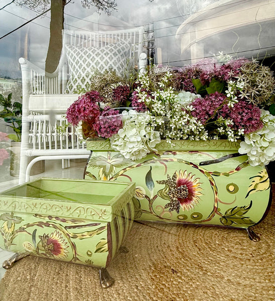 Vintage Hand-Painted Green Floral Footed Planter