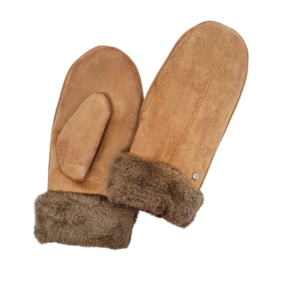 Ladies Faux Suede Mittens with Sherpa Cuff - Camel