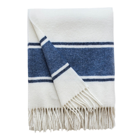 Oslo White w/ Blue & Dark Blue Stripes Cashmere/Wool Throw