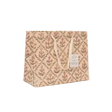 Hand Block Printed Gift Bag - Floral Lattice Terracotta