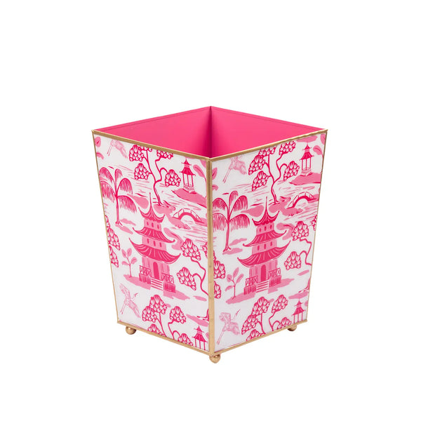 Kyoto Pagoda Enameled Square Wastebasket in White & Pink