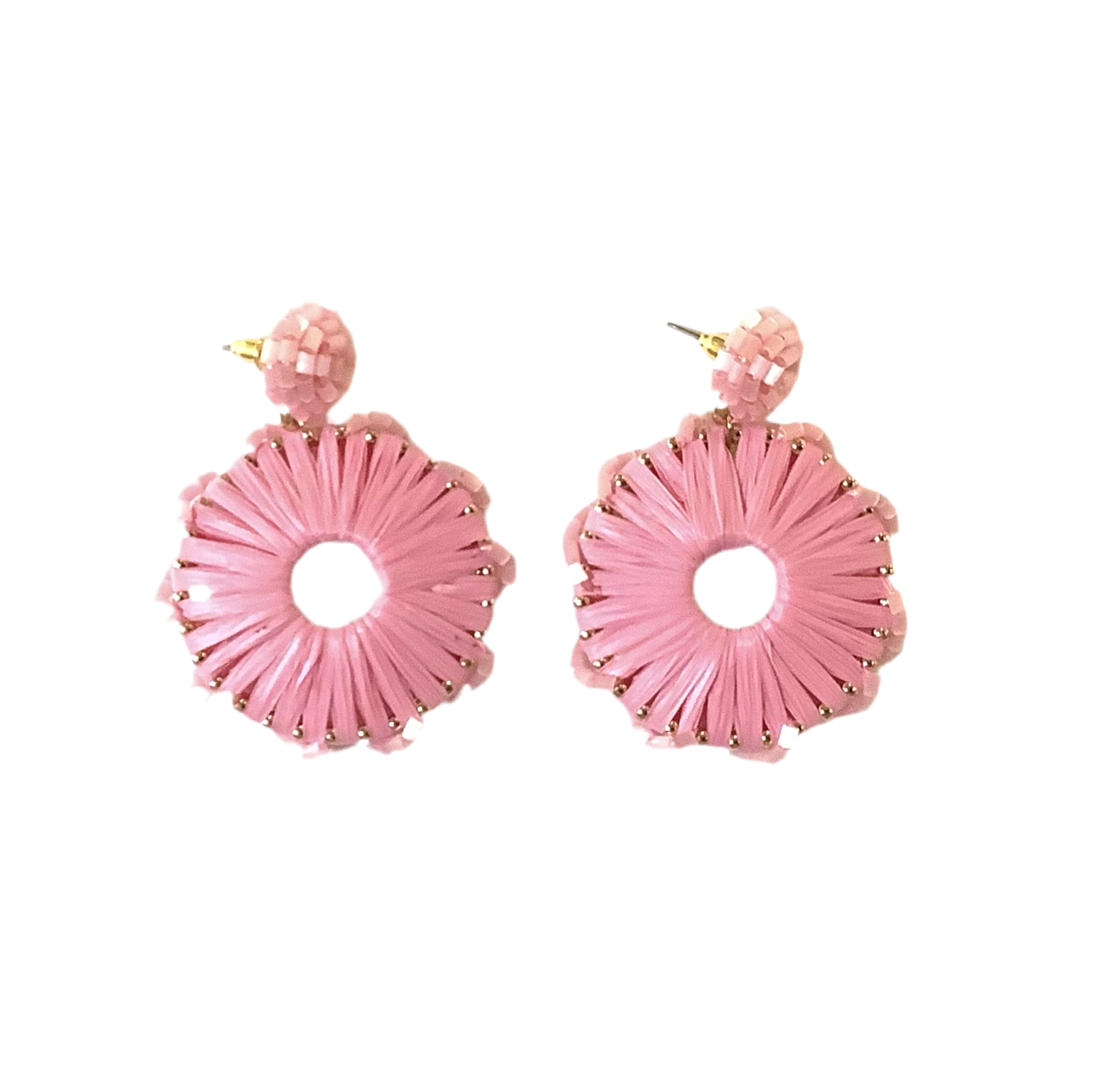 Round Raffia & Bead Drop Earrings - Pink