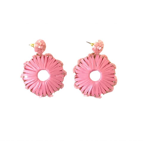 Round Raffia & Bead Drop Earrings - Pink