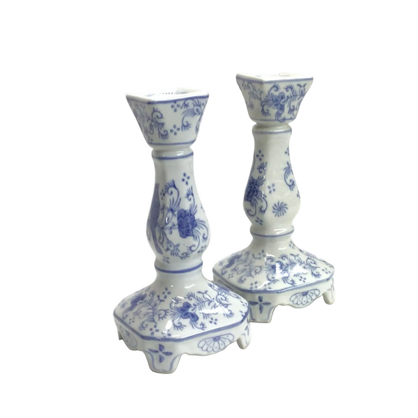 Vintage Blue & White Bird Candlesticks Pair