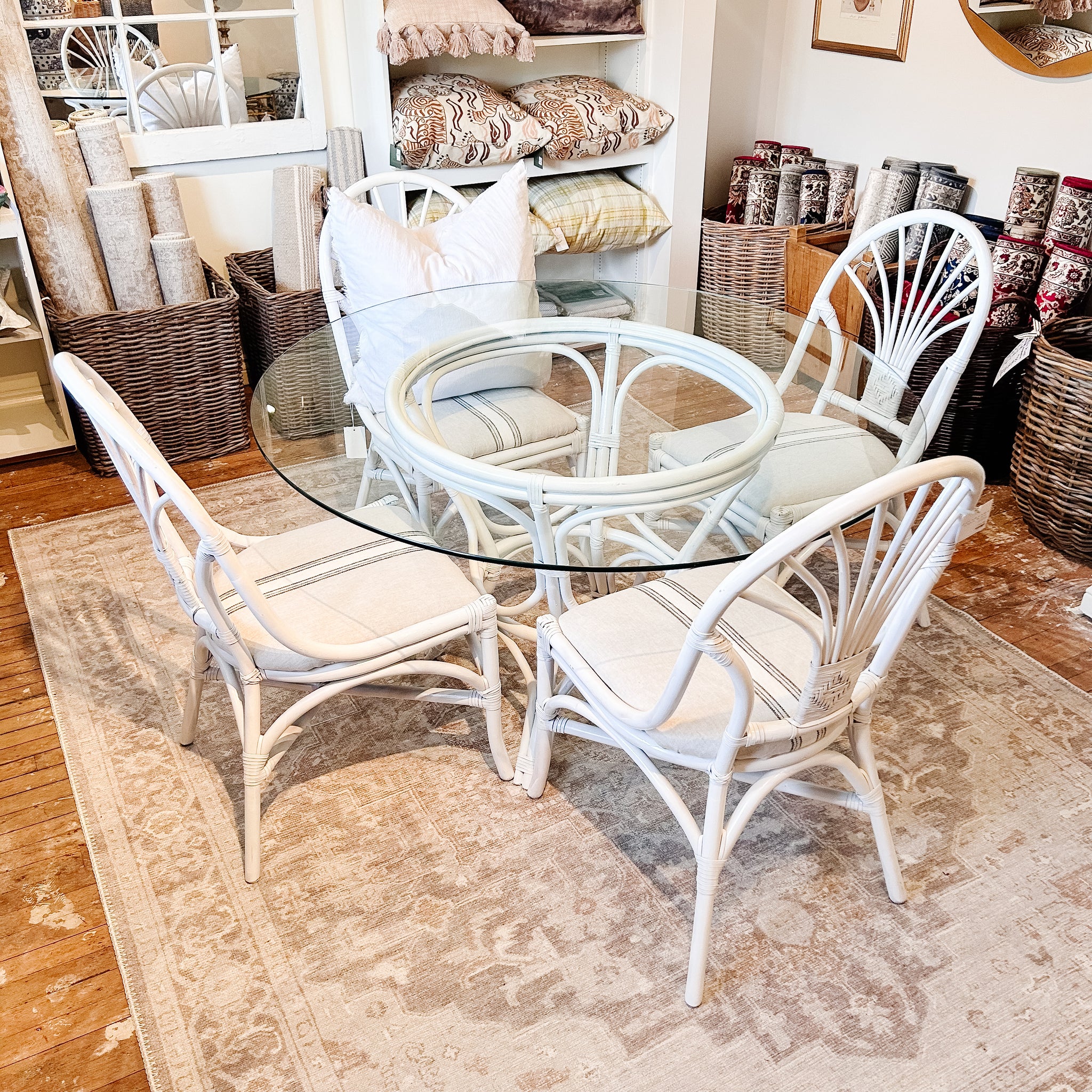 Vintage White Rattan Table & 4 Chairs Upholstered in Linen