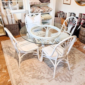 Vintage White Rattan Table & 4 Chairs Upholstered in Linen