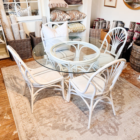 Vintage White Rattan Table & 4 Chairs Upholstered in Linen