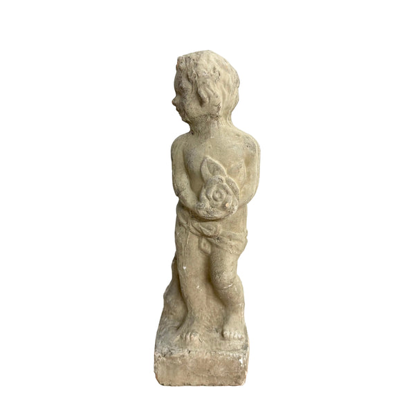 Vintage Cast Stone Cherub Figurine Holding a Rose I