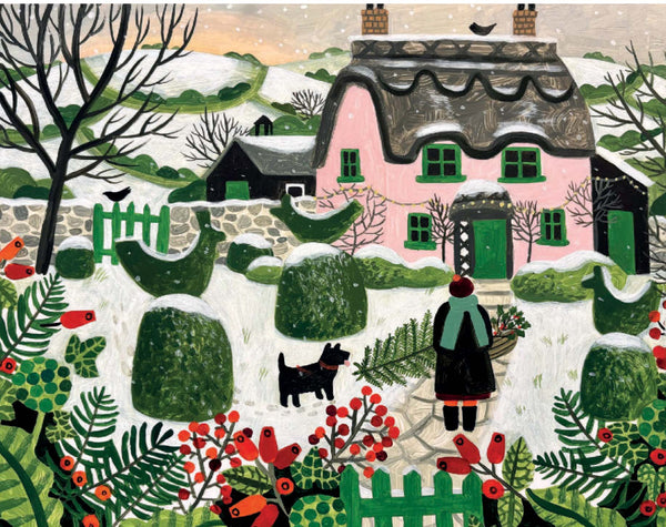 Pink Cottage And Snowy Topiary - Christmas Card Pack s/3