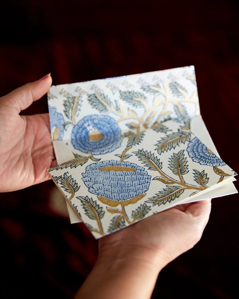 Hand Block Printed Greeting Card - Marigold Glitz Blue Stone