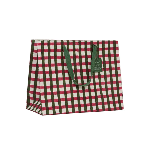 Hand Block Printed Large Gift Bag - Holly Green
