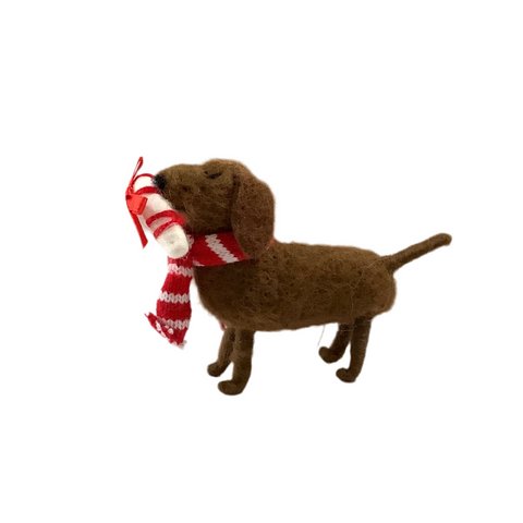 Wool Felt Dog Ornament w/ Candy Cane & Scarf