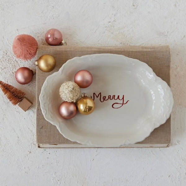 Merry Red & White Scalloped Stoneware Platter